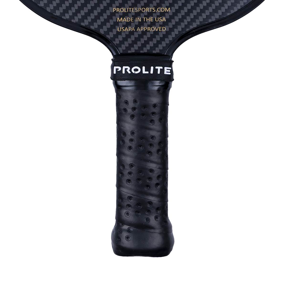Top-down view of a black pickleball paddle with a carbon fiber face, PROLITE branding, and a perforated grip.