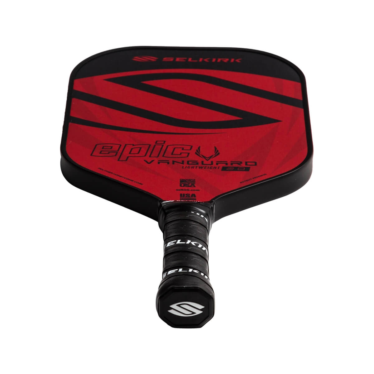 Front view of a red and black Selkirk VANGUARD 2.0 Epic paddle with a large S graphic and textured grip.