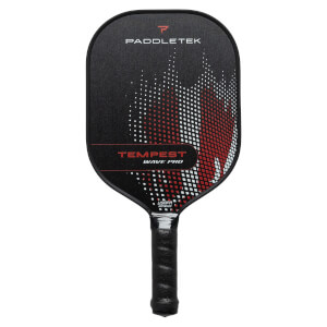 Front view of a black pickleball paddle with red and white wave design, TEMPEST WAVE PRO text, and Paddletek branding.