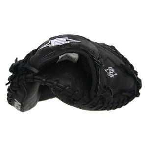 Side view of a black catchers mitt with white Easton logos and detailed lacing.