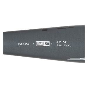 Side view of a gray baseball bat with BB2Q3, BBCOR CERTIFIED .50, and 33 IN 2 5/8 DIA. text.