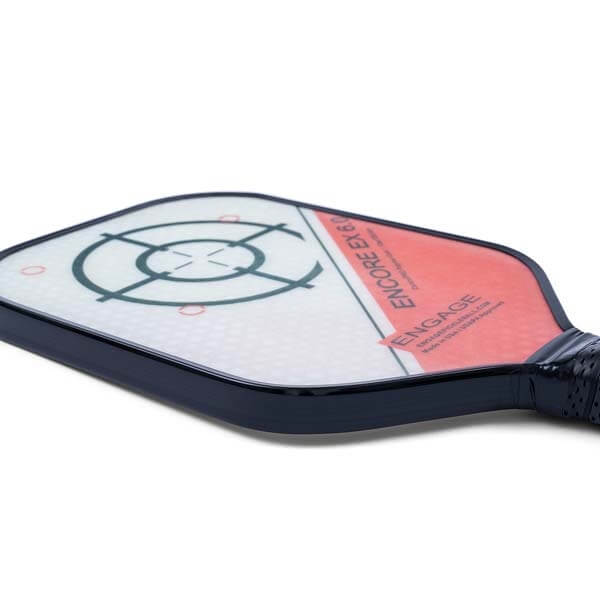 Side view of a white and red pickleball paddle with a target design and ENGAGE ENCORE EX 6.0 text.