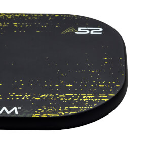 Corner view of a black pickleball paddle with yellow speckle pattern and A52 logo.