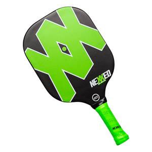 Top-down view of a black pickleball paddle with a large neon green X design and NEXXED logo.