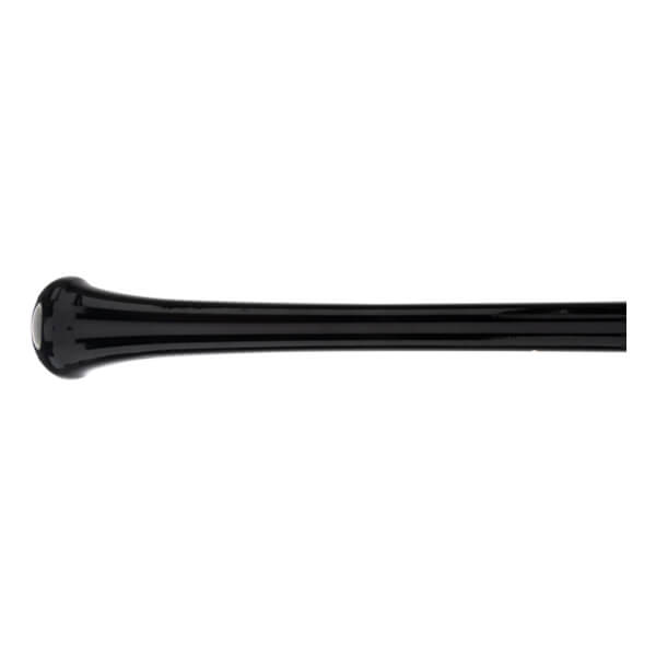 Side view of a glossy black baseball bat showing the knob, tapered handle, and part of the barrel.