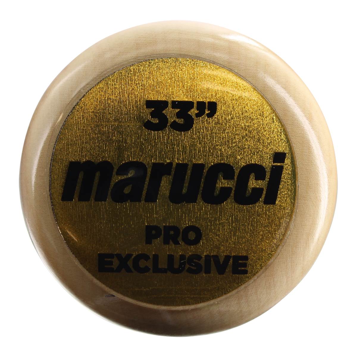 End view of a light wood baseball bat with a gold circular decal showing 33, marucci, PRO, and EXCLUSIVE.