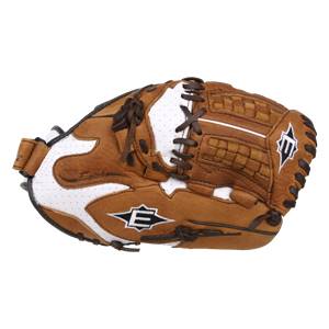 Top-down view of a brown and white fastpitch glove with Fastpitch text and an E logo.