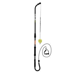 Full view of a black Batter-Ox softball swing trainer with a yellow ball and black handle.
