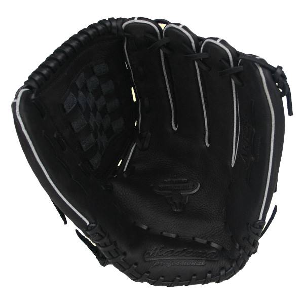 Top-down view of a black baseball glove with white lacing and a checkered palm.