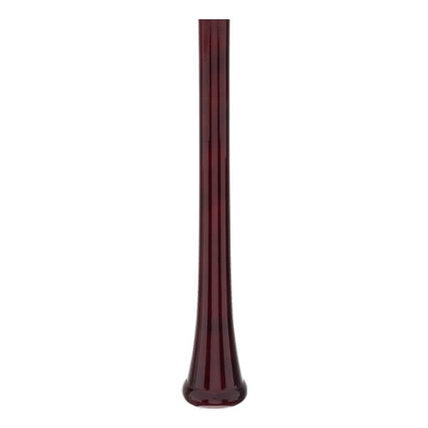 Full-length view of a dark red baseball bat with a glossy finish, cylindrical barrel, and rounded knob.