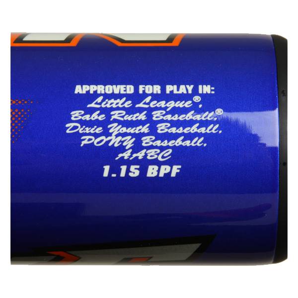 Close-up of a blue baseball bat with text listing approved leagues and 1.15 BPF.