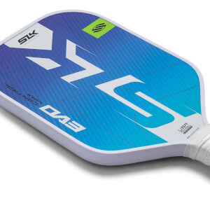 Top-down view of a blue and white pickleball paddle with SLK EVO CONTROL MAX text and a green logo.