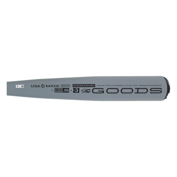 Side view of a gray baseball bat with DEMARINI The GOODS and BBCOR 50 branding.