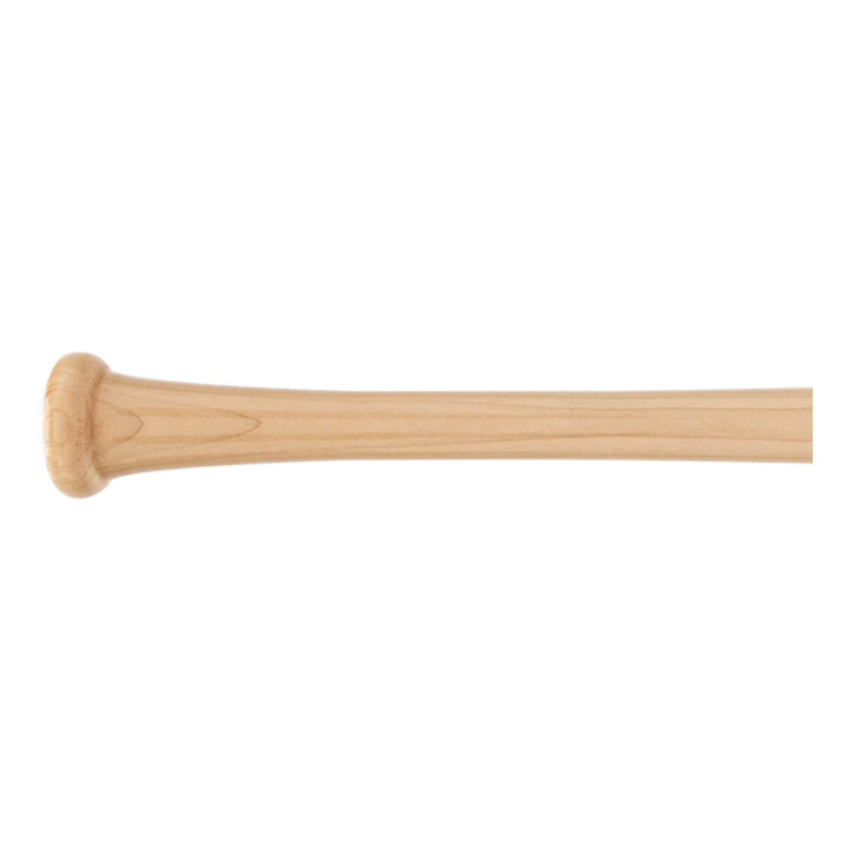 Handle view of natural wood baseball bat with a flared knob and distinct wood grain.