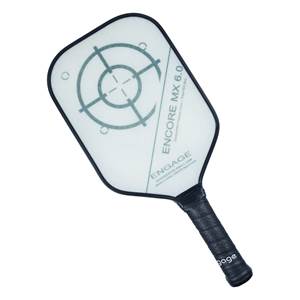 Top-down view of a white pickleball paddle with a target graphic and ENGAGE branding.