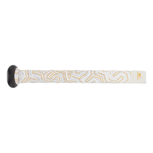 Side view of a white baseball bat with a black end cap and gold and gray geometric pattern on the grip.