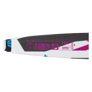 Close-up side view of a black, white, and magenta DeMarini baseball bat, showing ZEN, -5, and 1.15 BPF details.