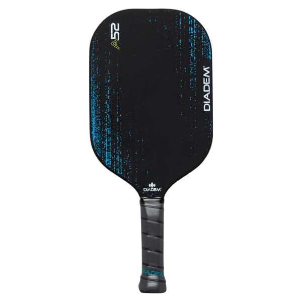 Front view of a black pickleball paddle with A52 and DIADEM branding, and blue speckled accents.