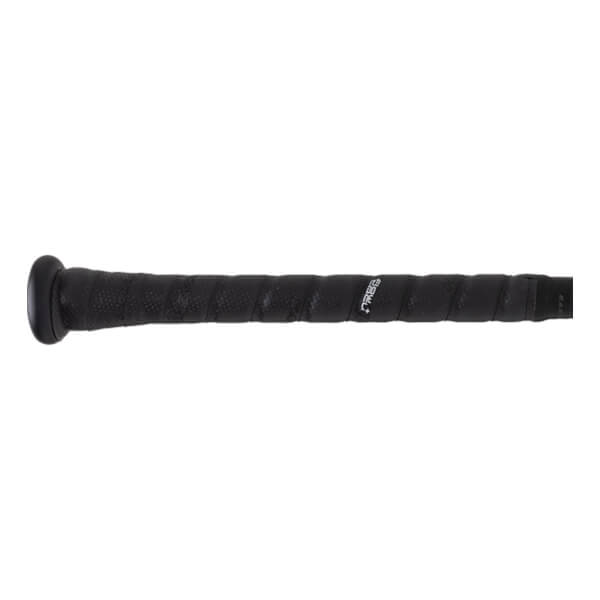 Side view of a black baseball bat handle with a textured wrapped grip, black knob, and white TREB logo.