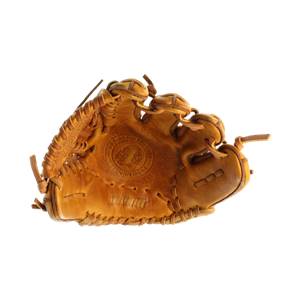 Top-down view of a tan leather baseball glove with a circular logo and Nokona branding.