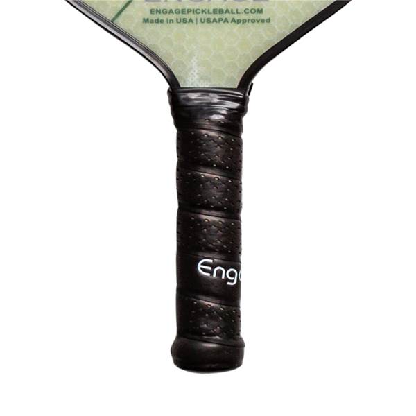 Close-up of a black pickleball paddle grip with Eng logo and textured pattern.