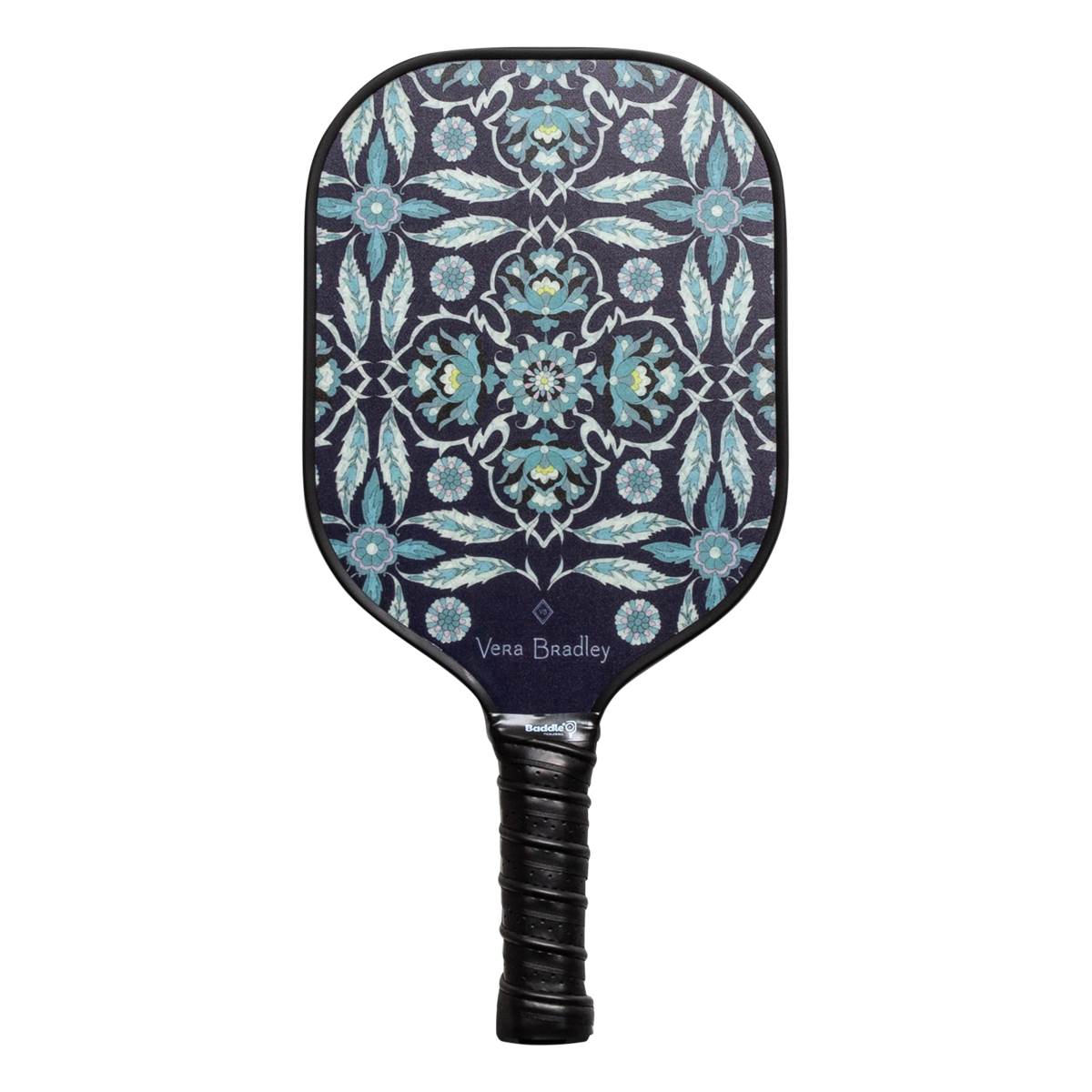 Front view of a dark blue pickleball paddle with a floral pattern and Vera Bradley text.