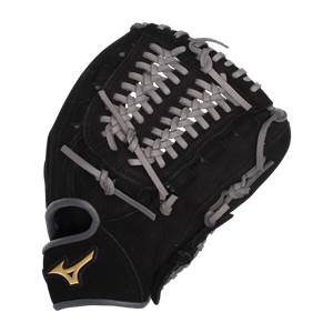 Top-down view of a black baseball glove with grey lacing and a gold Mizuno logo.