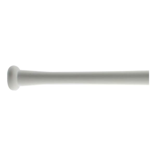 Side view of a white baseball bat with a rounded knob and tapered handle.