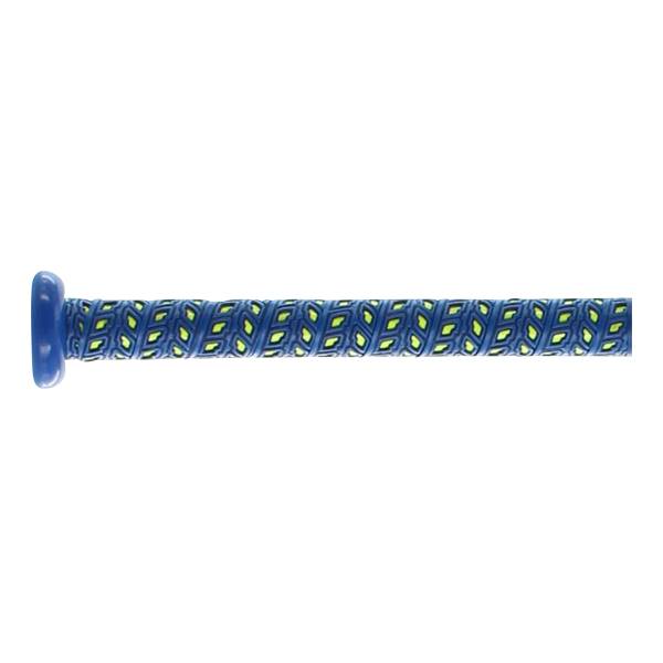 Side view of a blue baseball bat with a blue and yellow patterned grip.