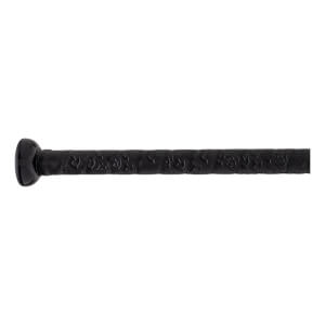 Side view of a black fastpitch softball bat with a textured grip and rounded knob.