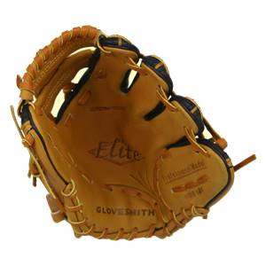 Corner view of a tan baseball glove with Elite and GLOVESMITH branding.