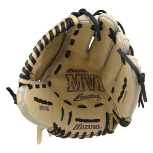Top-down view of a tan fastpitch mitt with black lacing and Mizuno MVP FastPitch branding.