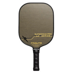 Front view of a black pickleball paddle with a gold textured surface, PROLITE text, and SUPERNOVA PRO LX SERIES text.