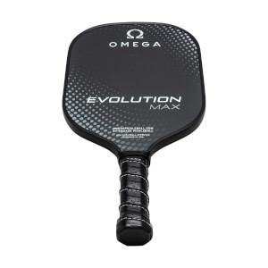 Front view of a black pickleball paddle with OMEGA and EVOLUTION MAX text and a dotted pattern.