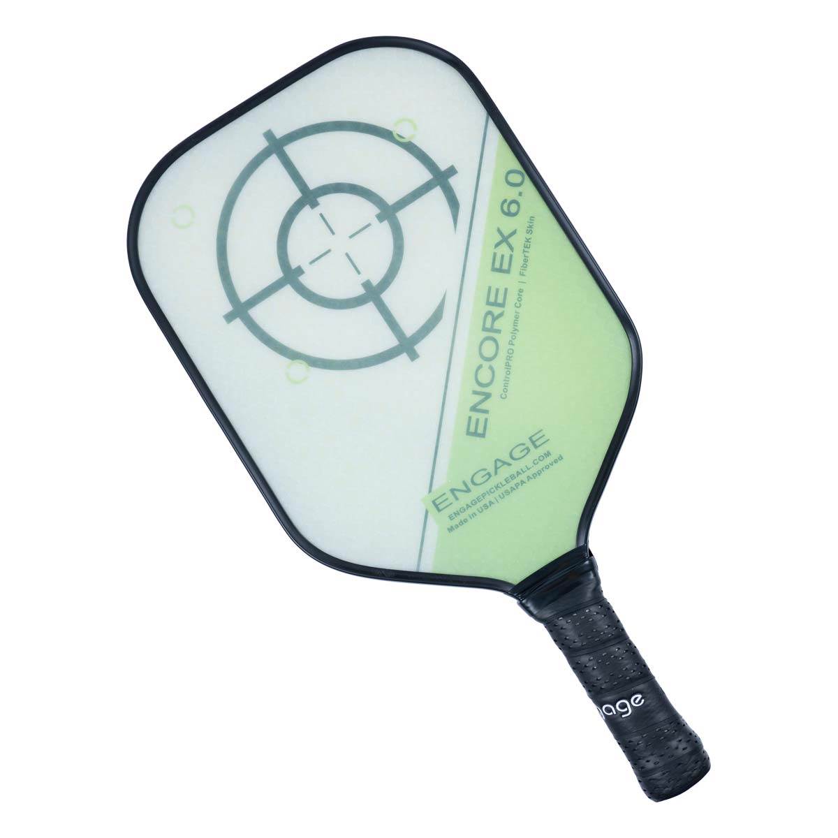 Top-down view of a white and green pickleball paddle with a target design and ENGAGE branding.