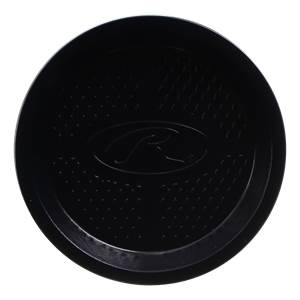 Top-down view of a black baseball bat end cap with a textured surface and embossed Rawlings logo.