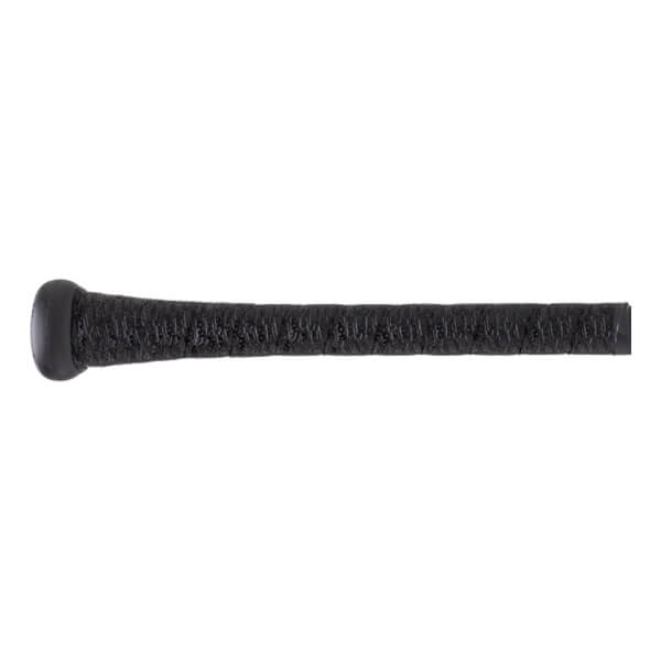 Close-up side view of the baseball bat's handle, showing a black textured grip wrap and a smooth black knob at the base.