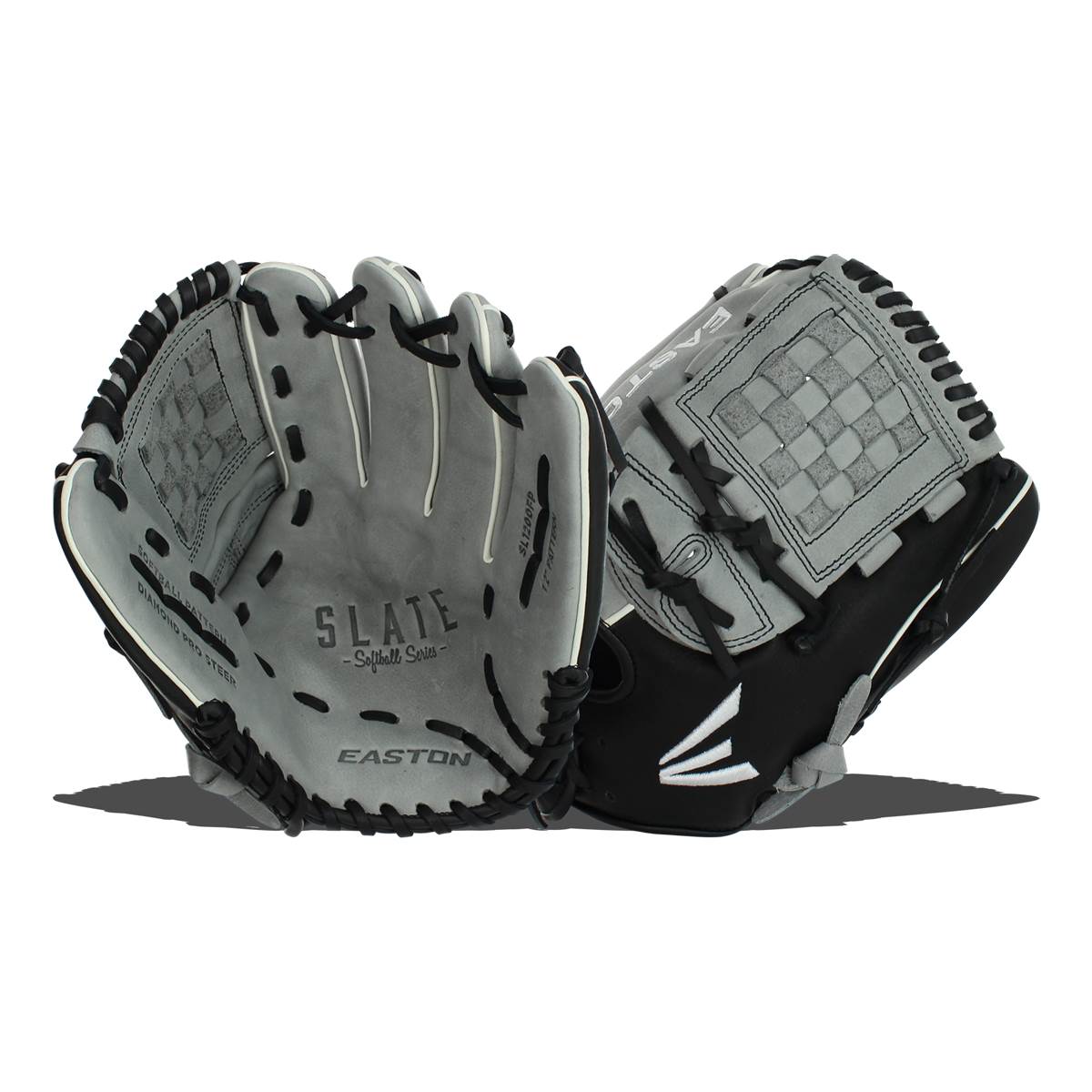 Front view of a gray Easton Slate softball glove with black accents and white stitching.