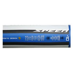 Side view of a white and blue Easton Synergy Speed fastpitch softball bat with SPEED text and certification logos.