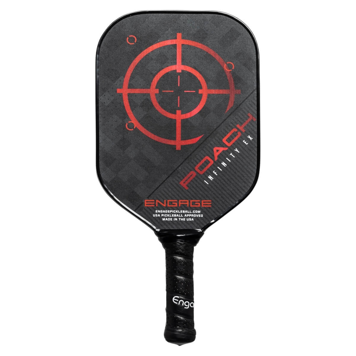 Front view of a black pickleball paddle with a red target, POACH INFINITY EX, and ENGAGE branding.