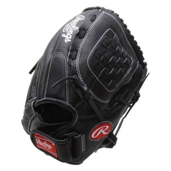 Three-quarter view of a black Rawlings fastpitch glove with white stitching and a red R logo.