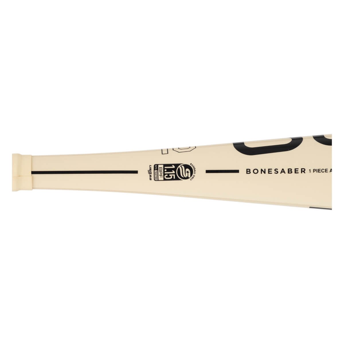 Close-up side view of a cream baseball bat with BONESABER text, a 1.15 BPF certification logo, and a black S logo.