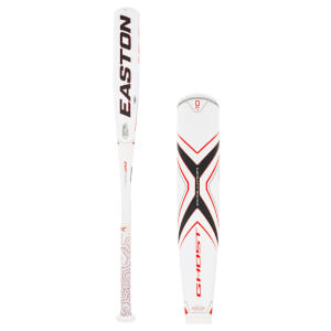 Side view of a white baseball bat with red and black EASTON branding and a patterned grip.