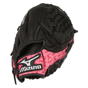 Side view of a black youth softball glove with pink FINCH pattern and Mizuno logo.