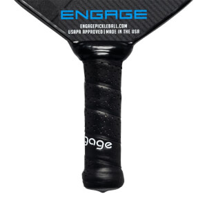 Close-up of a black pickleball paddle grip with perforations and Engage text.