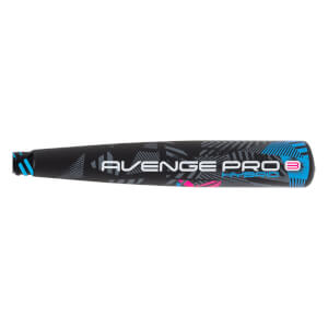 Side view of a black baseball bat with AVENGE PRO HYBRID text and blue and pink geometric patterns.