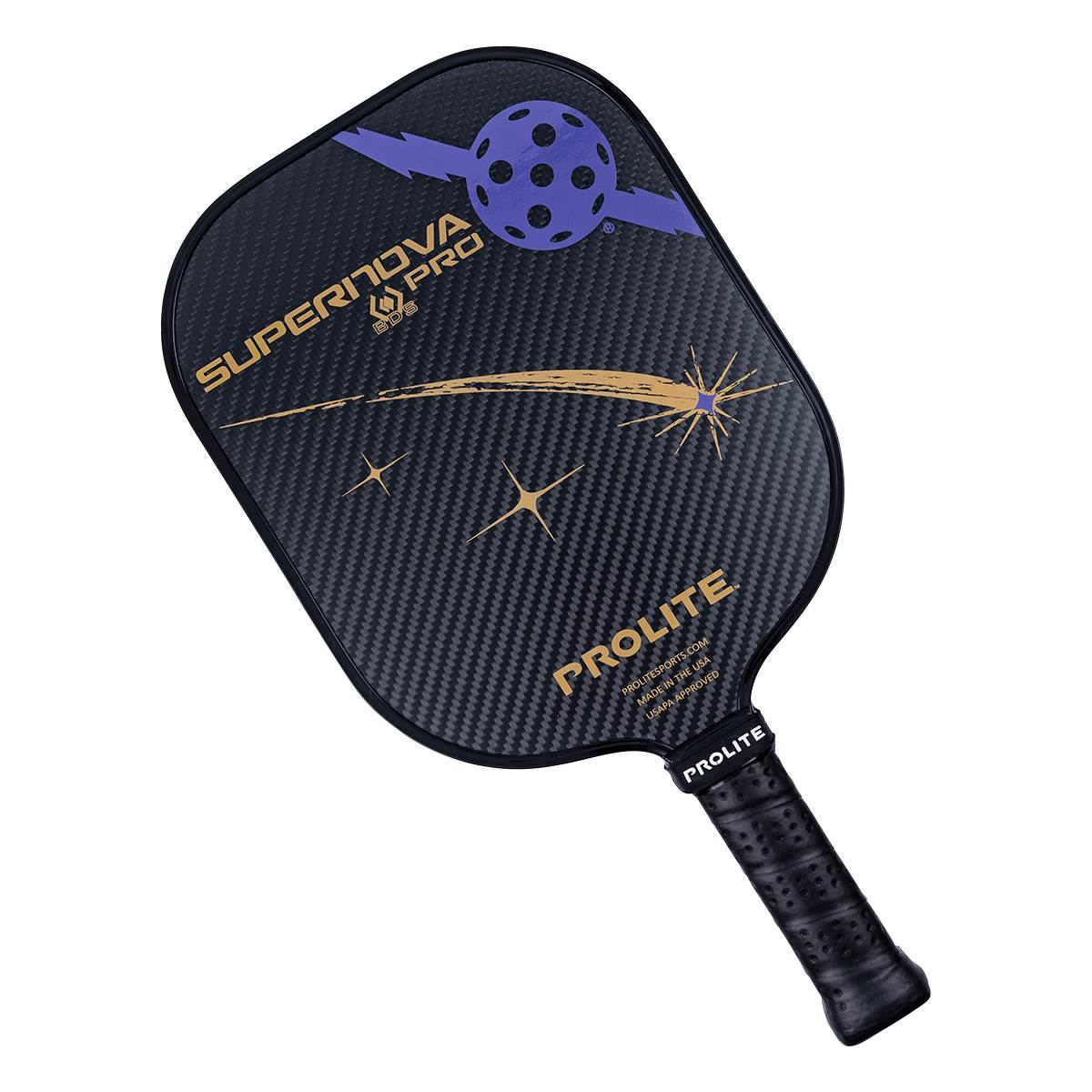 Top-down view of a black pickleball paddle with a carbon fiber texture, SUPERNOVA PRO text, and a shooting star graphic.