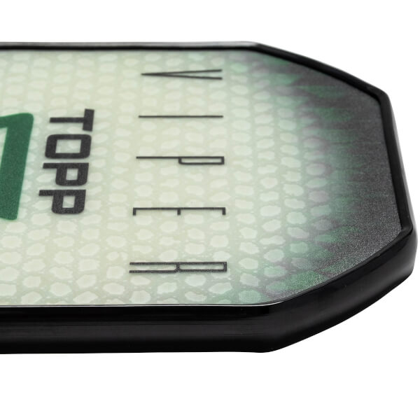 Corner view of a white and green pickleball paddle with TOPP VIPER text and a scale pattern.