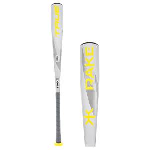 Full product view of a silver baseball bat with yellow TRUE and RAKE branding, showing a detailed barrel.