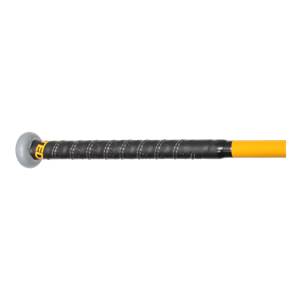 Side view of a yellow baseball bat with a black grip and gray end cap with TED visible.